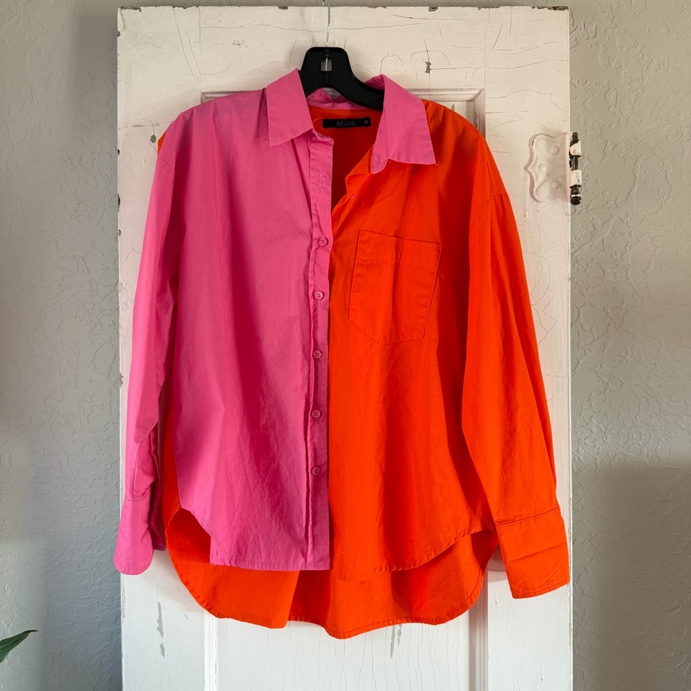Deluc Colorblock Button Down Shirt Pink Orange Cotton Size Small